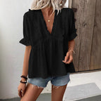 Damen elegantes Blusenshirt mit Rüschendetails und V-Ausschnitt R&B