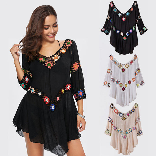 Damen Häkelbluse mit bunten Floral-Applikationen R&B