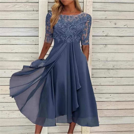 Damen Elegantes Midikleid mit Spitzenärmeln und schwingendem Rock R&B