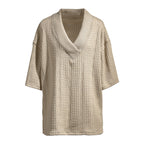 Damen nan Kurzarm-Strickpullover im weiten Schnitt mit tiefem V-Kragen und Zopfmuster R&B
