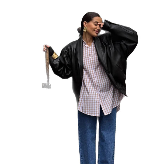 Damen lässige Kunstlederjacke mit voluminösen Ärmeln R&B