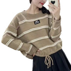 Damen gestreifter Sweater mit stylischem Kordelzug und lässigem Oversized-Schnitt