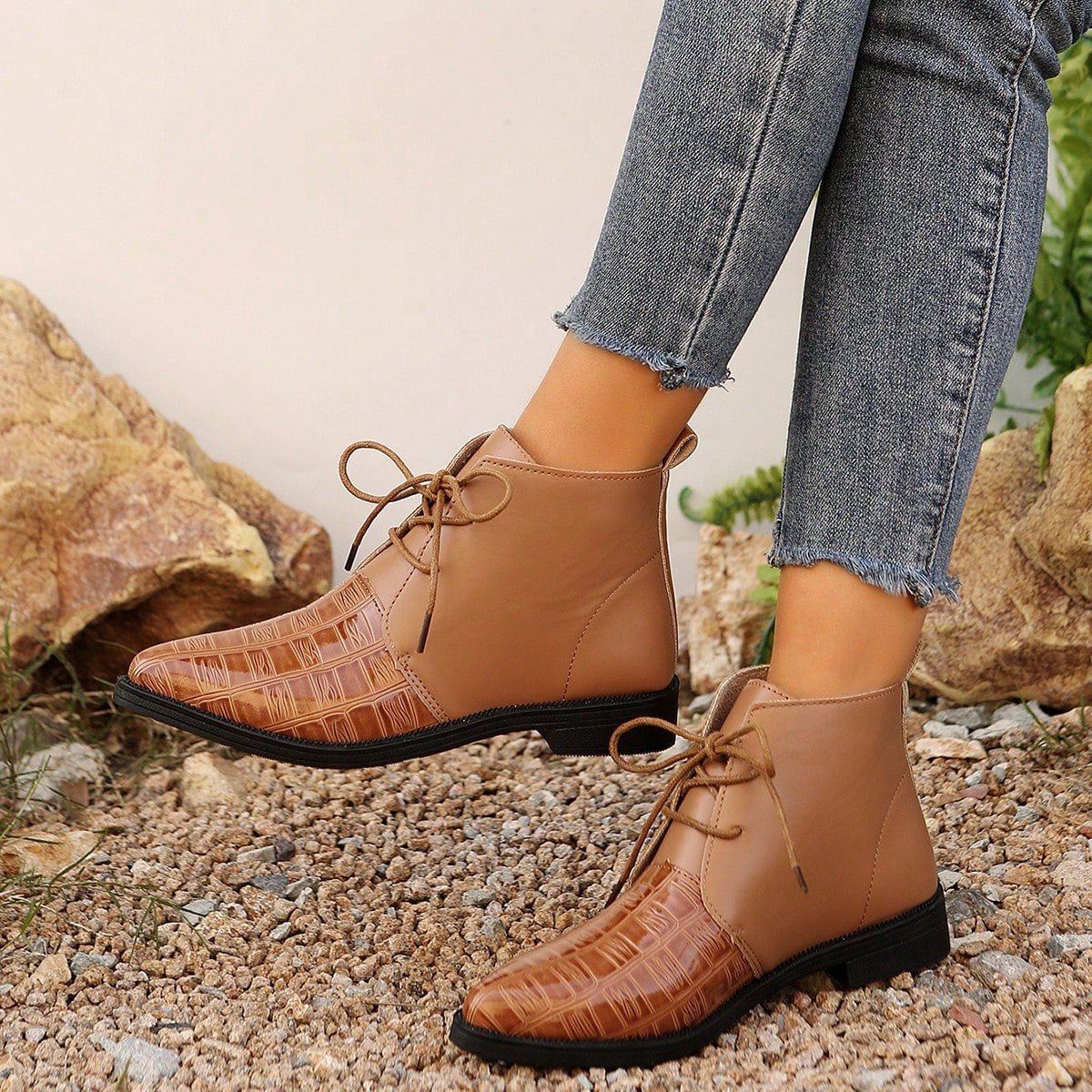 Damen modische stiefeletten mit glänzenden Akzenten und Schnürung R&B