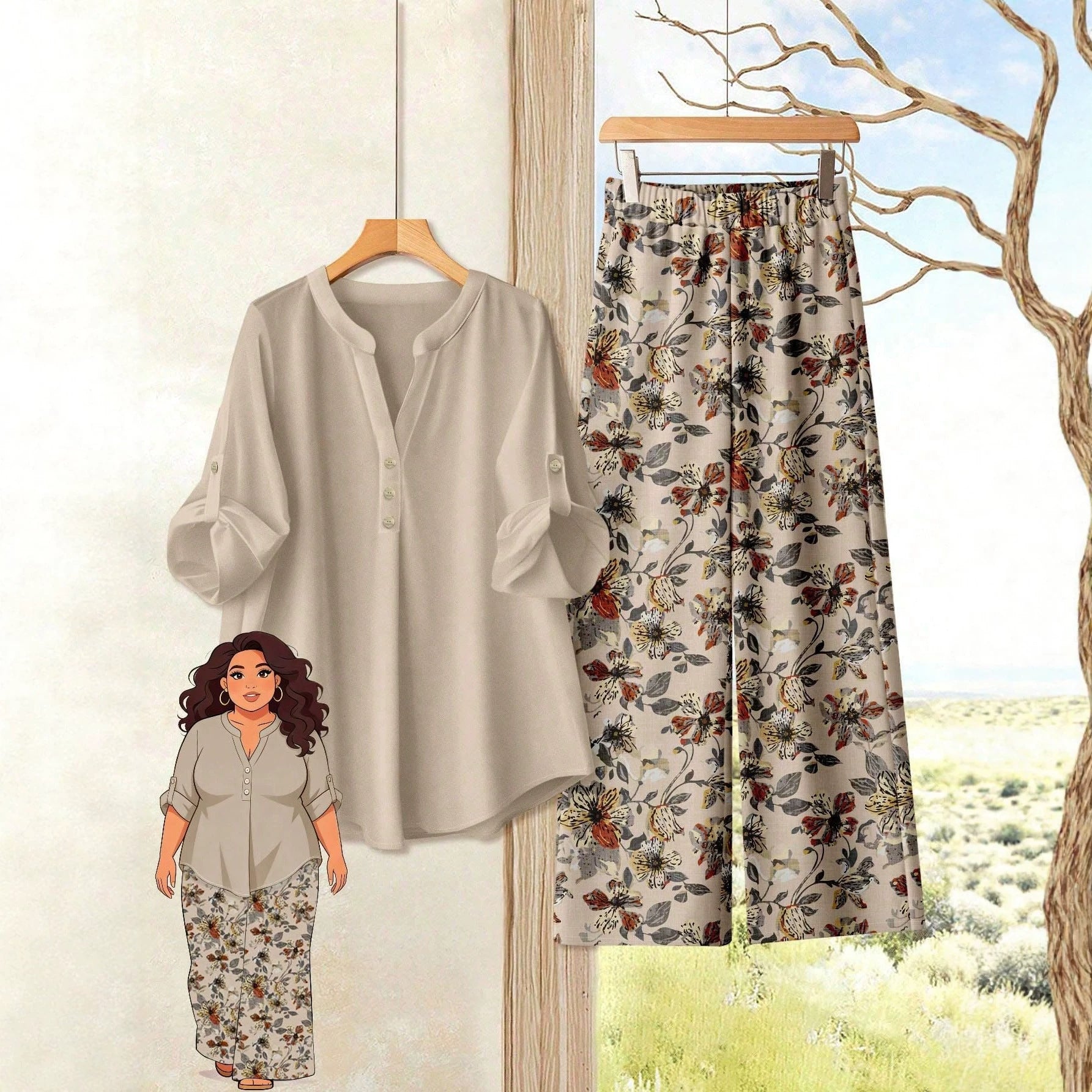 Damen Freizeitoberteil und Blumenhose R&B