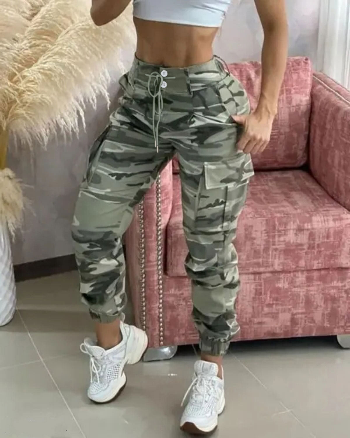 Damen Freizeithose mit Cargo-Taschen und elastischem Bund R&B