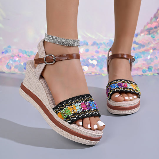 Damen Wedge-Sandalen mit buntem Stickereibesatz und komfortablem Riemchen R&B