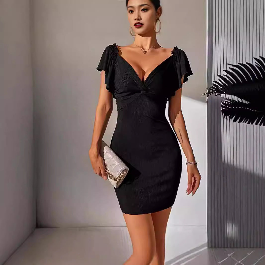 Damen figurbetontes Minikleid mit schmeichelndem V-Ausschnitt und Rüschendetails R&B
