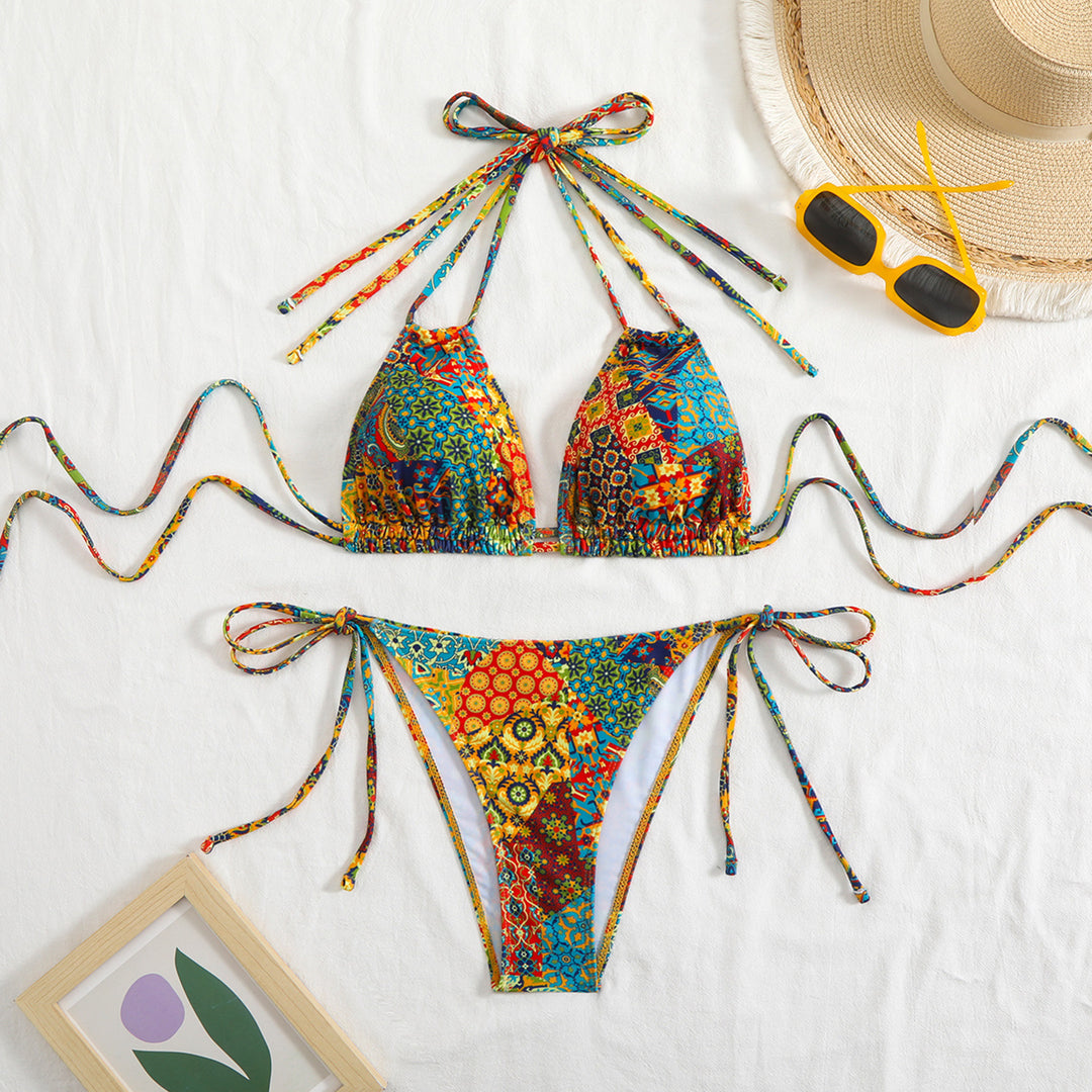 Damen Bikini-Set mit verspieltem Bindeband und buntem Muster R&B