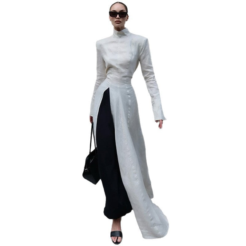 Damen elegantes Maxikleid mit hochgeschlossenem Kragen und asymmetrischem Farbdesign R&B