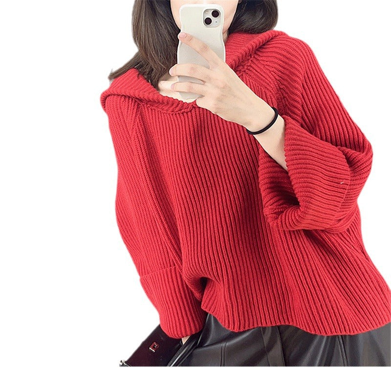 Damen lässiger Strickpullover mit Kapuze und weit geschnittenen Ärmeln R&B