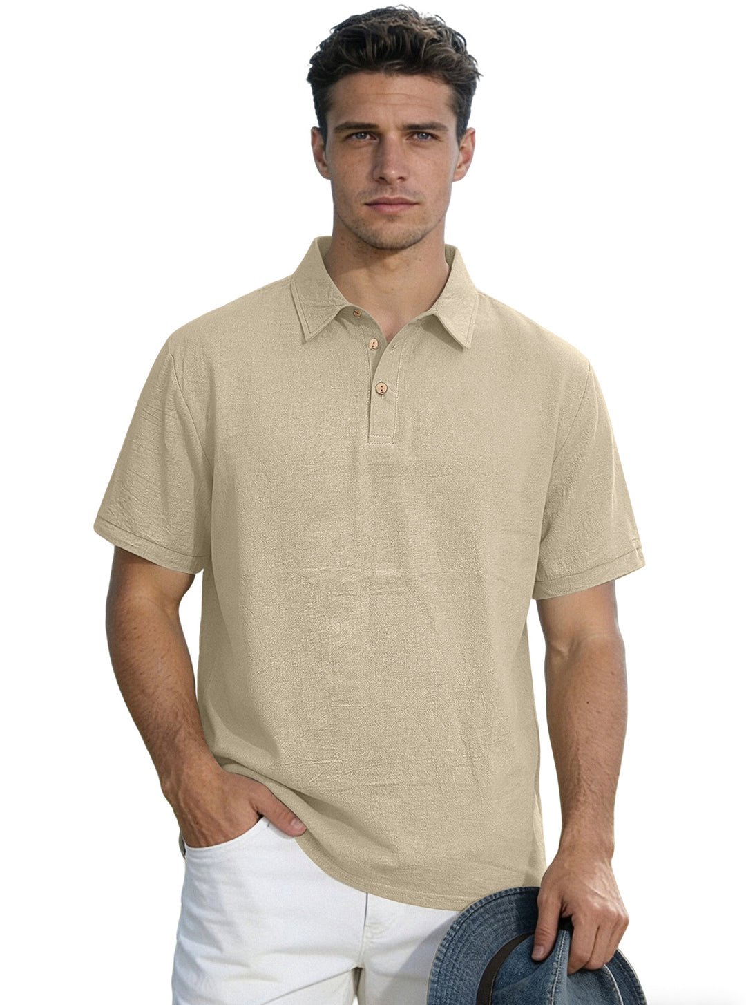Herren nan legeres Kurzarm-Polo mit Hemdkragen, Kurzknopfleiste und strukturierter Baumwollmischung R&B
