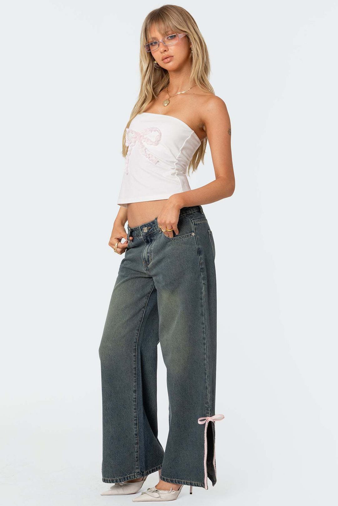 Damen Hohe Taillen Denim-Hose mit modischen Schleifendetails R&B