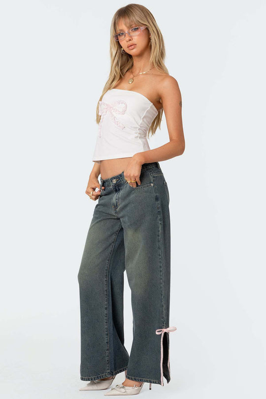 Damen Hohe Taillen Denim-Hose mit modischen Schleifendetails R&B