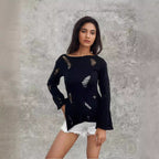 Damen Modischer Strickpullover mit dezenten Lochmuster und lässigem Schnitt R&B