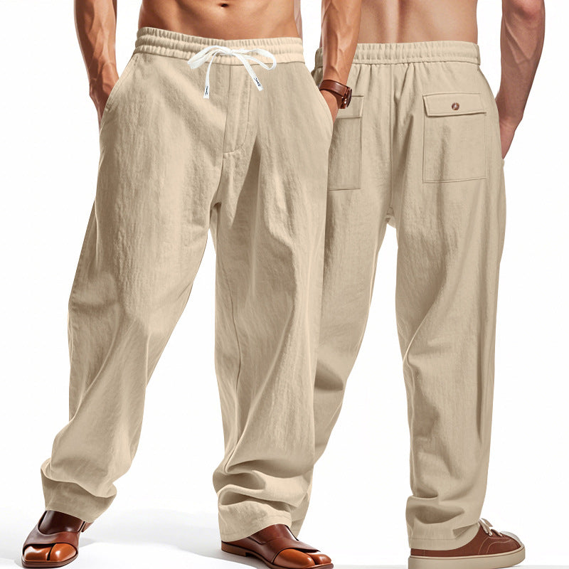 Herren nan lässige Leinen-Freizeithose mit elastischem Bund Kordelzug und aufgesetzten Gesäßtaschen R&B