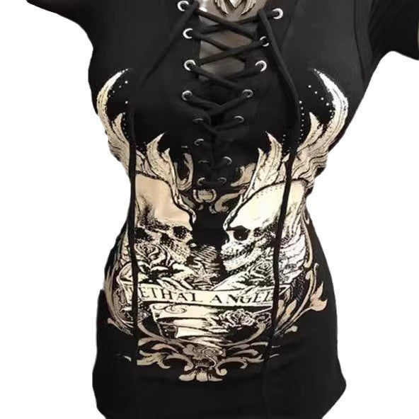 Damen Rockabilly Kleid mit Schnüroptik und grafischem Print R&B
