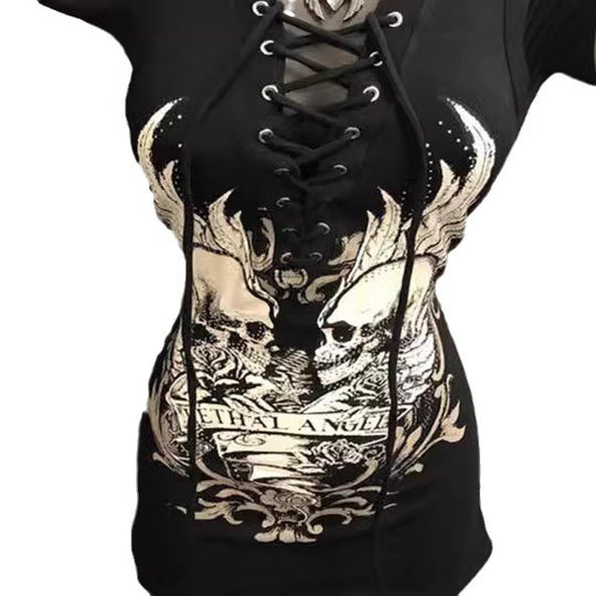 Damen Rockabilly Kleid mit Schnüroptik und grafischem Print R&B