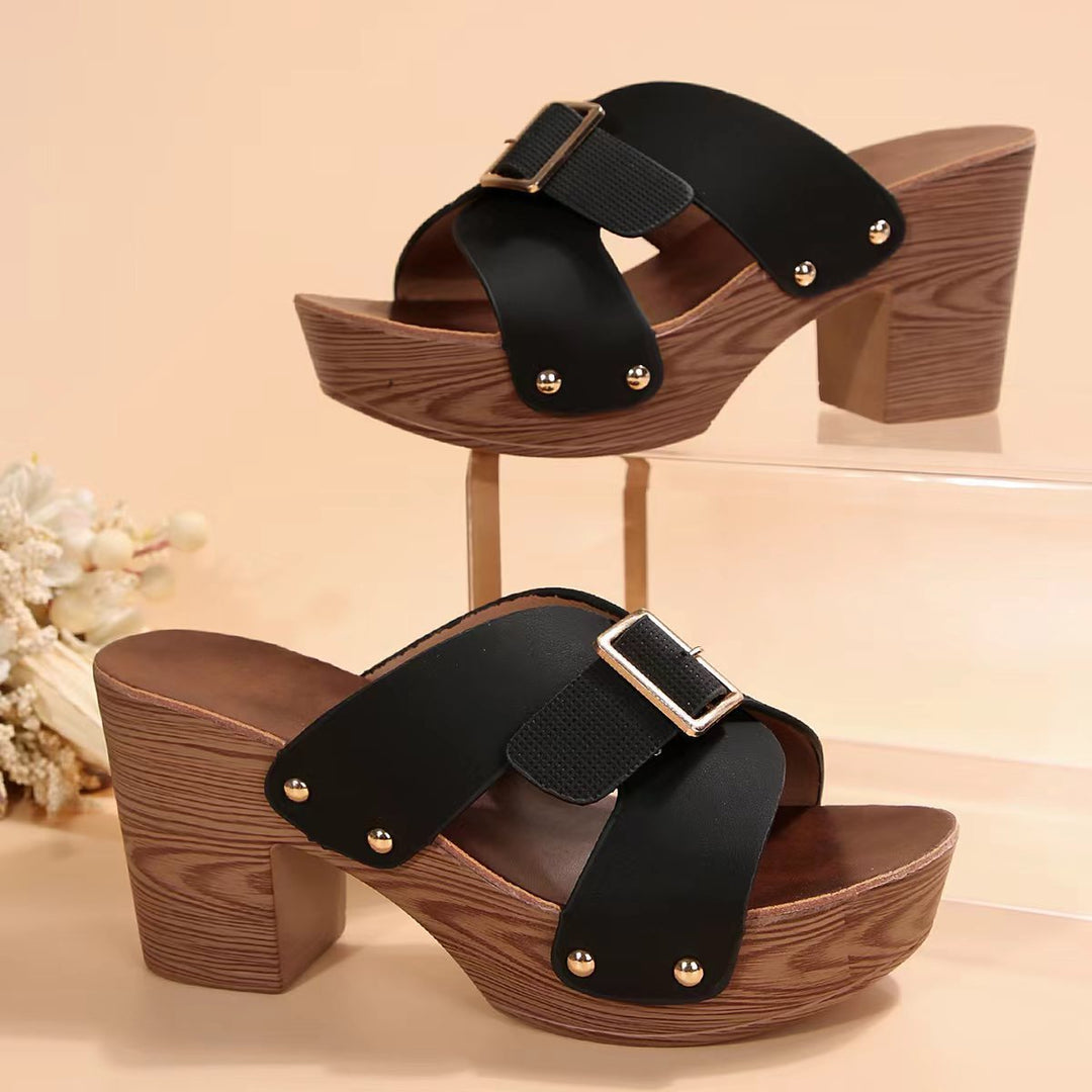 Damen Plattform-Sandalen mit trendigem Holz-Design und breitem Riemen R&B