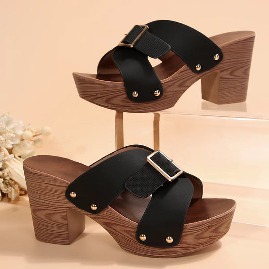 Damen Plattform-Sandalen mit trendigem Holz-Design und breitem Riemen R&B