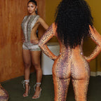 Damen Schlangehaut Bodycon Jumpsuit mit tiefem Ausschnitt R&B