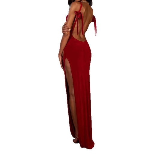 Damen Elegantes Maxikleid mit tiefem V-Ausschnitt und hohem Schlitz R&B