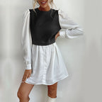 Damen modisches Hemdkleid mit eleganten Puffärmeln und knöpfbarem Vorderteil R&B