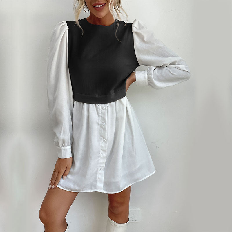 Damen modisches Hemdkleid mit eleganten Puffärmeln und knöpfbarem Vorderteil R&B