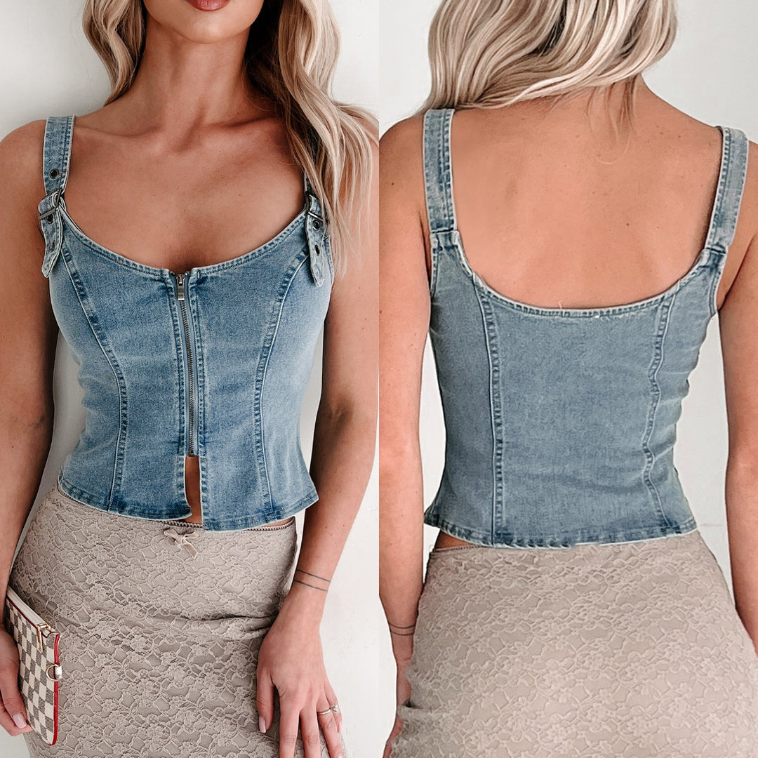 Damen Denim-Corsage mit Reißverschluss und verstellbaren Trägern R&B