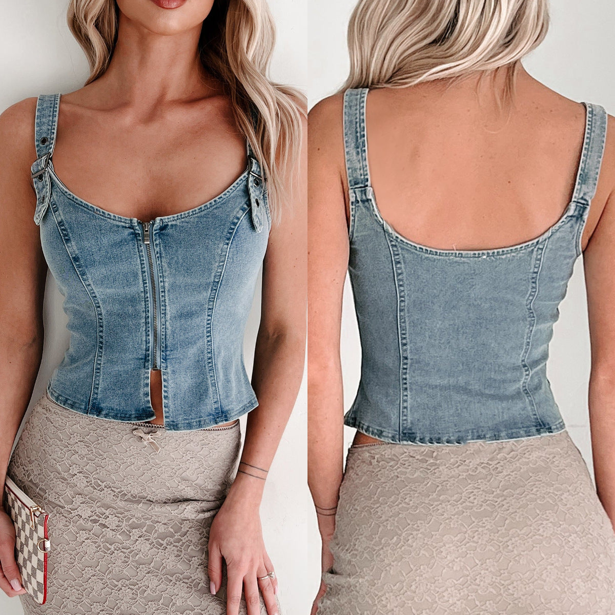 Damen Denim-Corsage mit Reißverschluss und verstellbaren Trägern R&B
