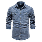 Herren Denim Hemdbluse mit zwei Brusttaschen und geschmackvollen Stickereien