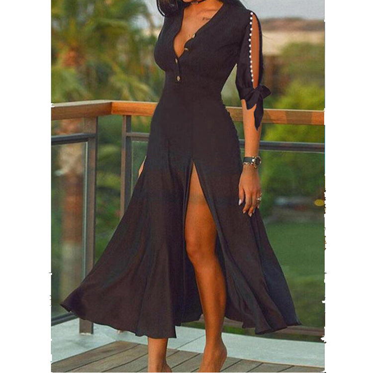 Damen Maxikleid mit elegantem V-Ausschnitt und hohem Schlitz R&B