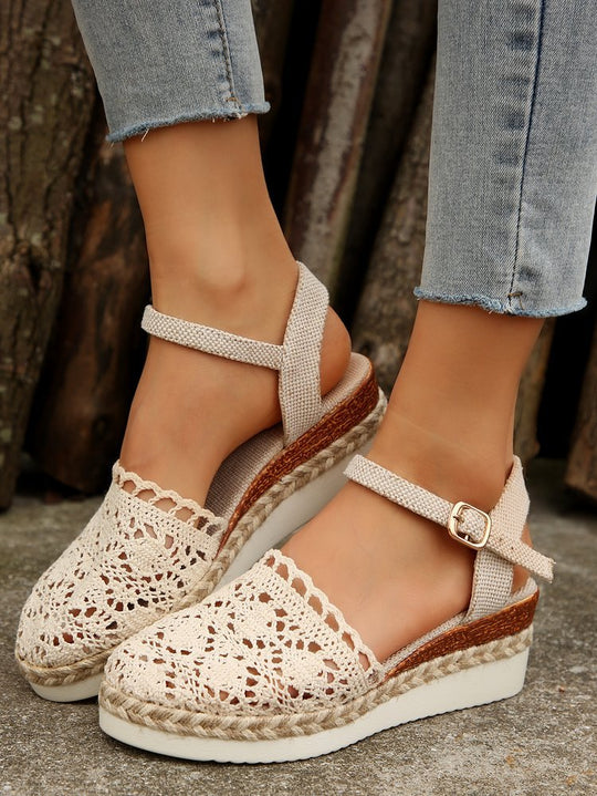 Damen Espadrille-Sandalen mit filigranem Häkel-Design und elastischem Knöchelriemen R&B