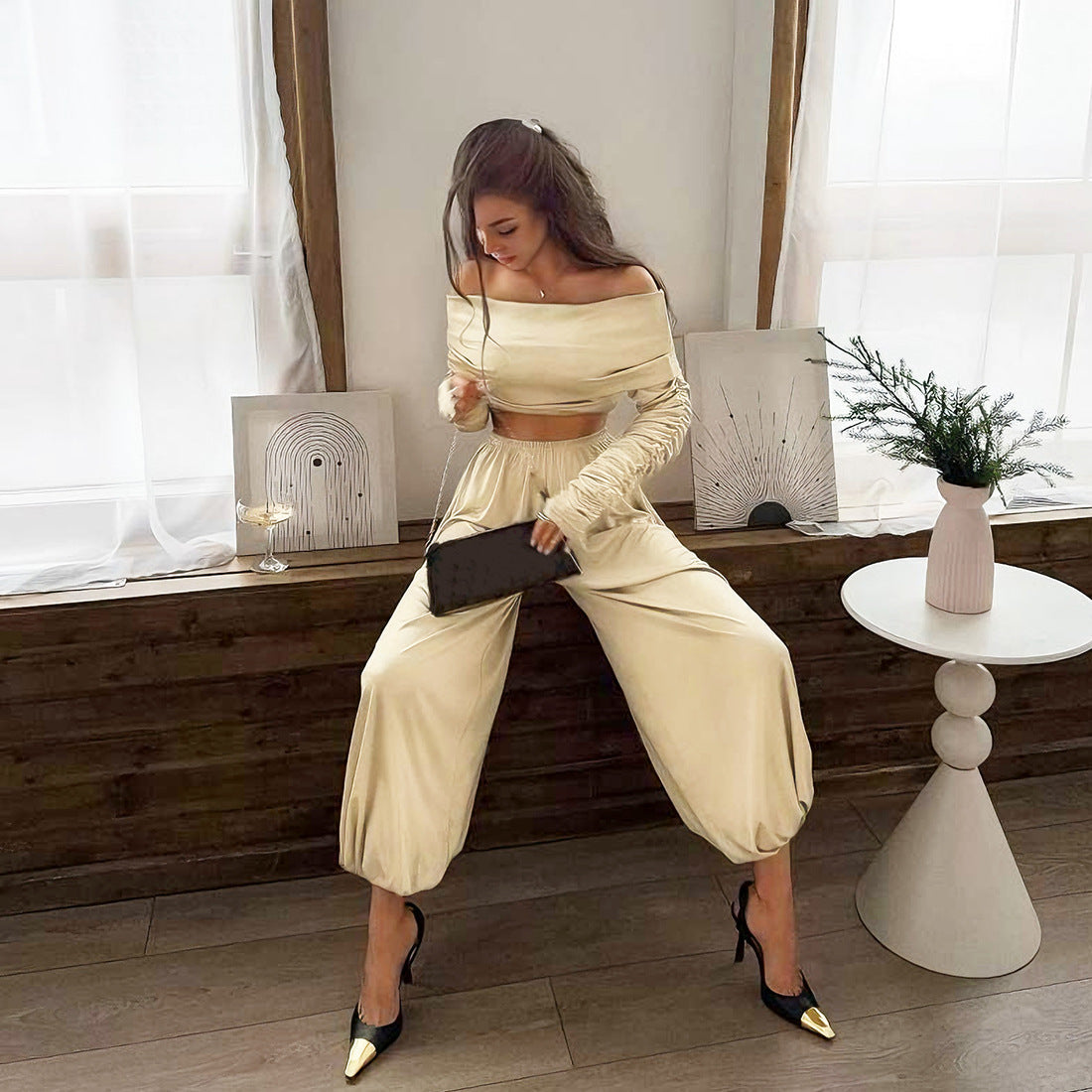 Damen Off-Shoulder Overall mit Raffungen und weitem Bein R&B