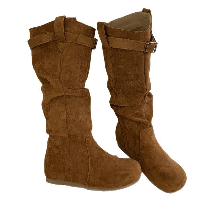 Damen Elegant gefaltete Langschaftstiefel mit modischen Schnallendetails R&B