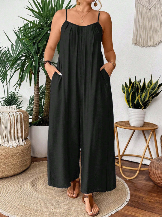Damen luftiger Jumpsuit mit schmalen Spaghettiträgern und seitlichen Taschen R&B