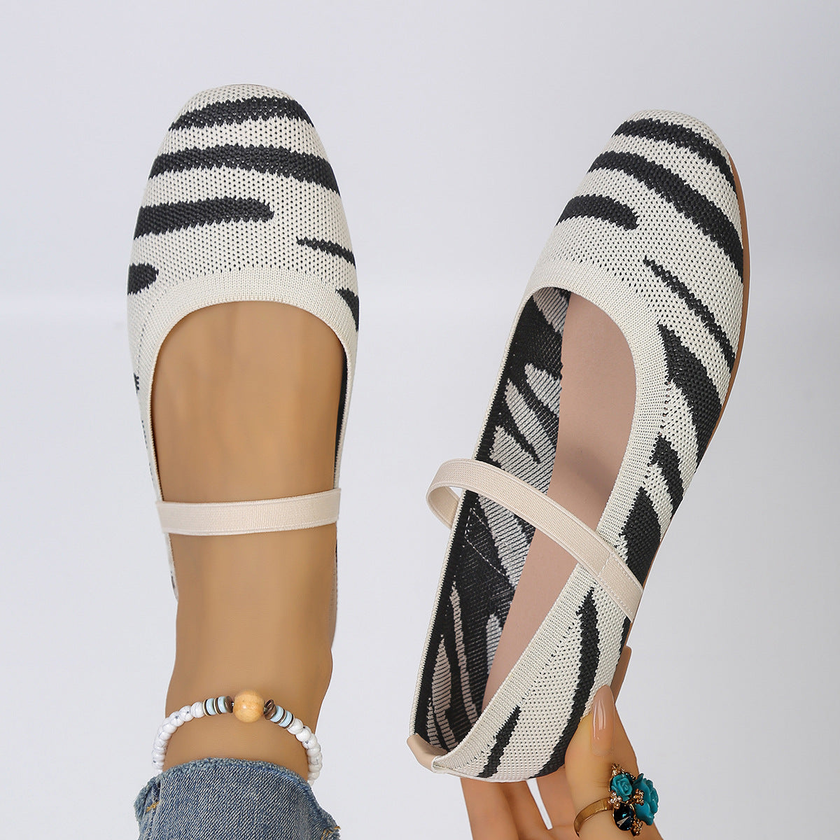 Damen Bequeme Ballerinas mit elastischer Riemchenverbindung und modischem ZR&Bra-Design R&B