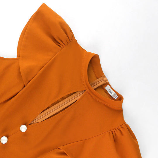Damen eleganter Jumpsuit mit Rüschärmeln und dekorativen Knöpfen R&B