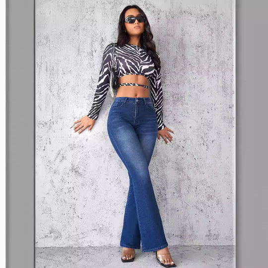 Damen Flared Jeans im modernen Design mit hohem Bund und ausgefallenem Waschung R&B