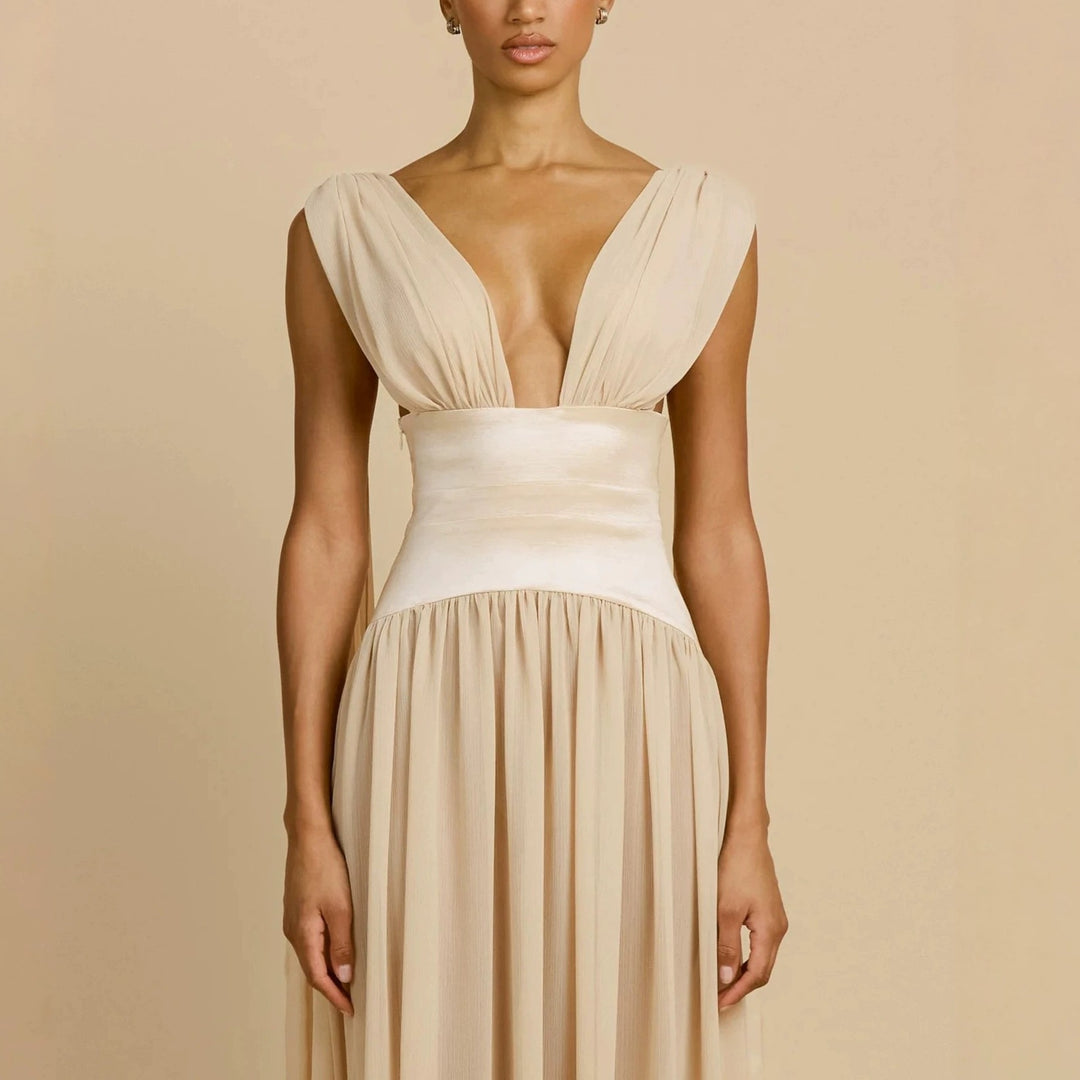 Damen Elegantes Langarm-Maxikleid mit tiefem V-Ausschnitt R&B