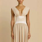 Damen Elegantes Langarm-Maxikleid mit tiefem V-Ausschnitt