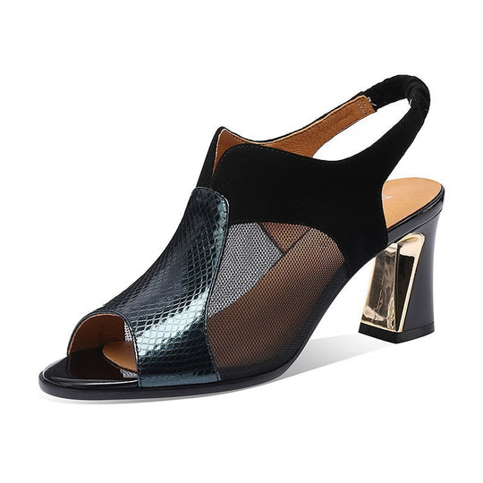 Damen nan elegante Sandalette mit offenem Zehenbereich Netz-Einsätzen und geformtem Blockabsatz R&B