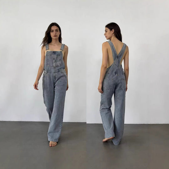 Damen Jeans Latzhose mit weitem Bein und tiefem Rückenausschnitt