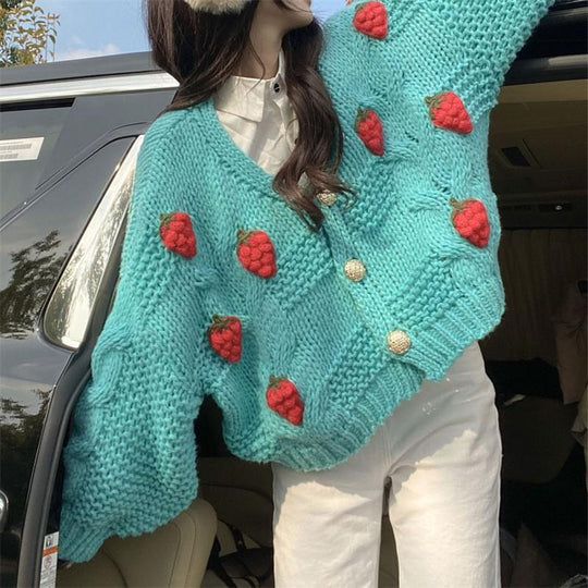 Damen Grober Strickcardigan mit Blumenstickerei und funkelnden Knöpfen R&B
