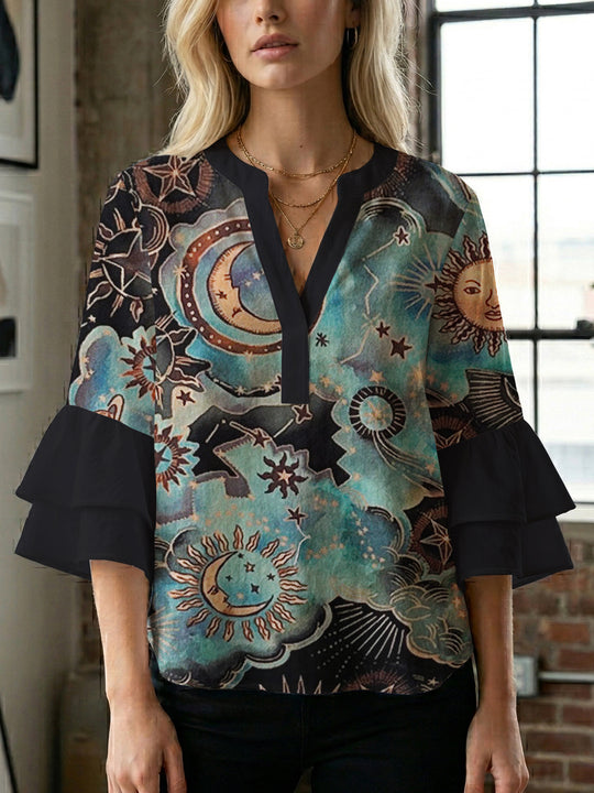 Damen lässige Bluse mit Volantärmeln und botanischem Druck R&B