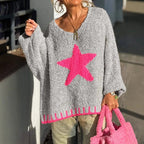 Damen Strickpullover mit V-Ausschnitt und auffälligem Sternenmuster