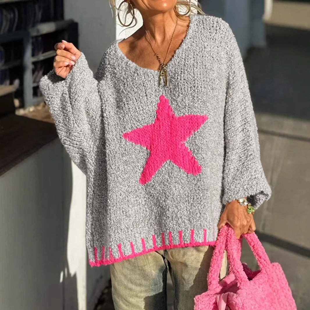 Damen Strickpullover mit V-Ausschnitt und auffälligem Sternenmuster