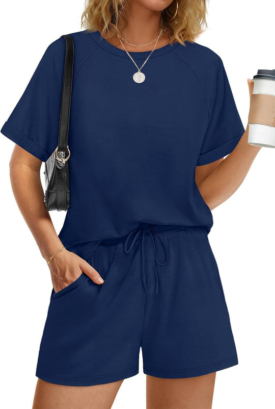 Damen lässiger Kombi aus T-Shirt und Shorts mit elastischem Bund R&B