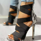 Damen High Heel Sandalen mit elastischen Riemen und stylischem Schlangenleder-Design R&B