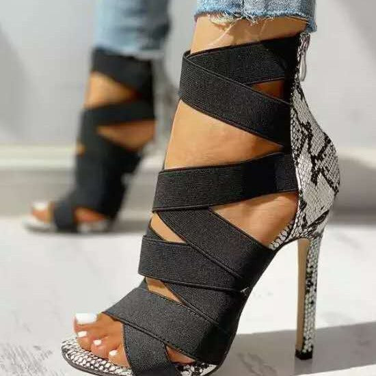 Damen High Heel Sandalen mit elastischen Riemen und stylischem Schlangenleder-Design R&B