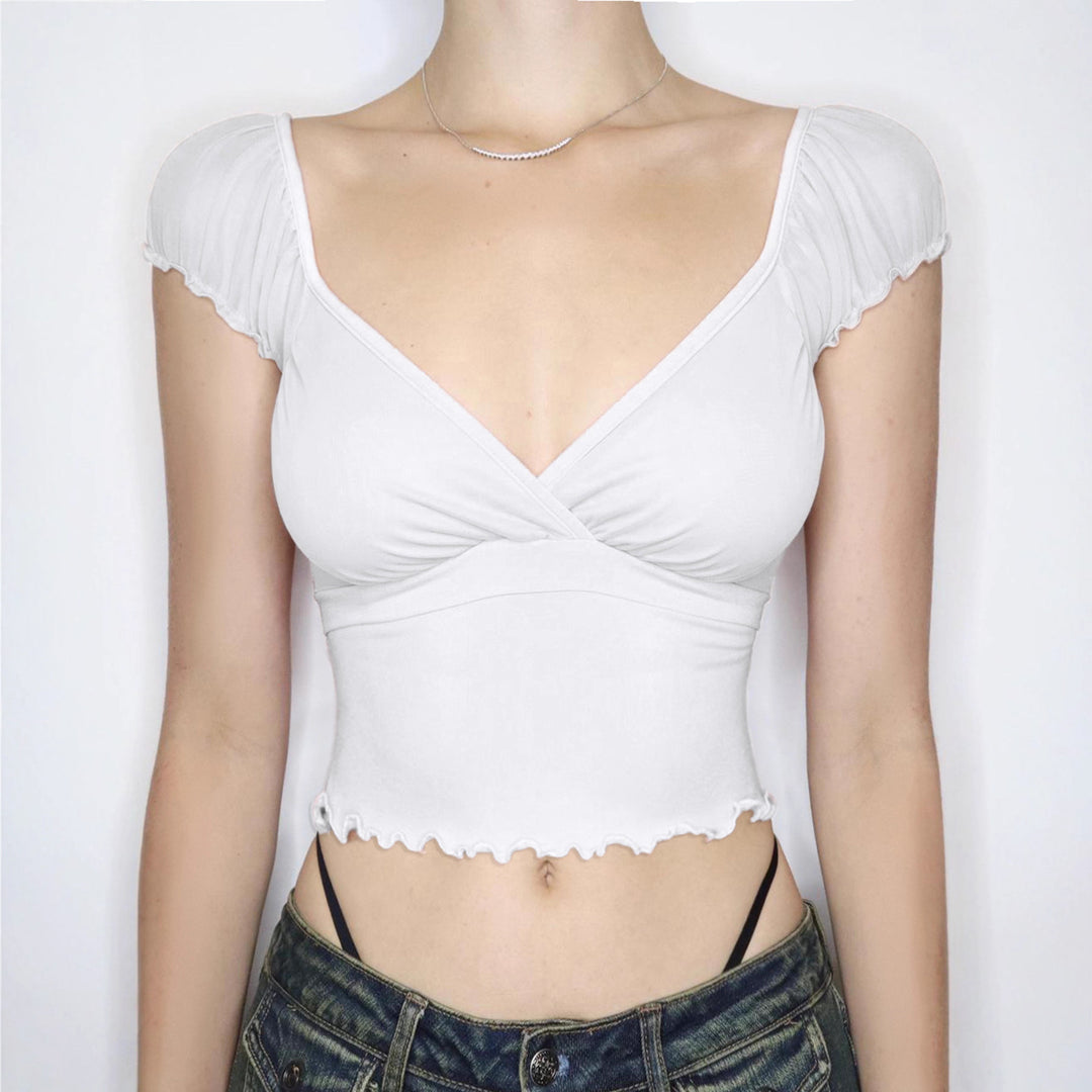 Damen Rüschentop mit weich fließendem Stoff und elegantem V-Ausschnitt R&B